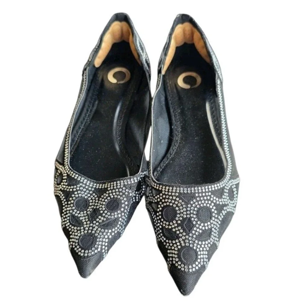 Title:Women's Black Rhinestone Pointed Toe Ballet Flats 8.5 Sparkly Slip-On
